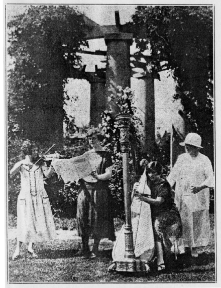 Women musicians playing music on a hospital lawn, ca. 1926, location unknown Women musicians playing music on a hospital lawn, ca. 1926, location unknown